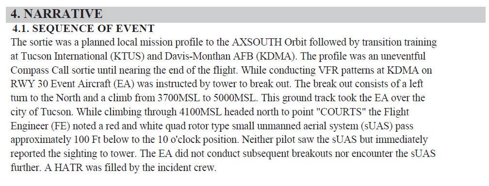 A description of an incident involving a near collision between an Air Force EC-130H Compass Call electronic warfare aircraft and a drone on February 18, 2021, as recounted in a following HATR report. <em>USAF via FOIA</em>