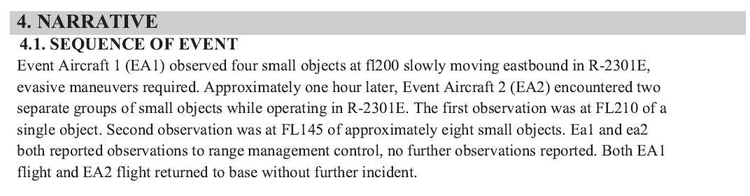 A description of the two incidents in R-2301E on December 13, 2022 from the subsequent HATR. <em>USAF via FOIA</em>