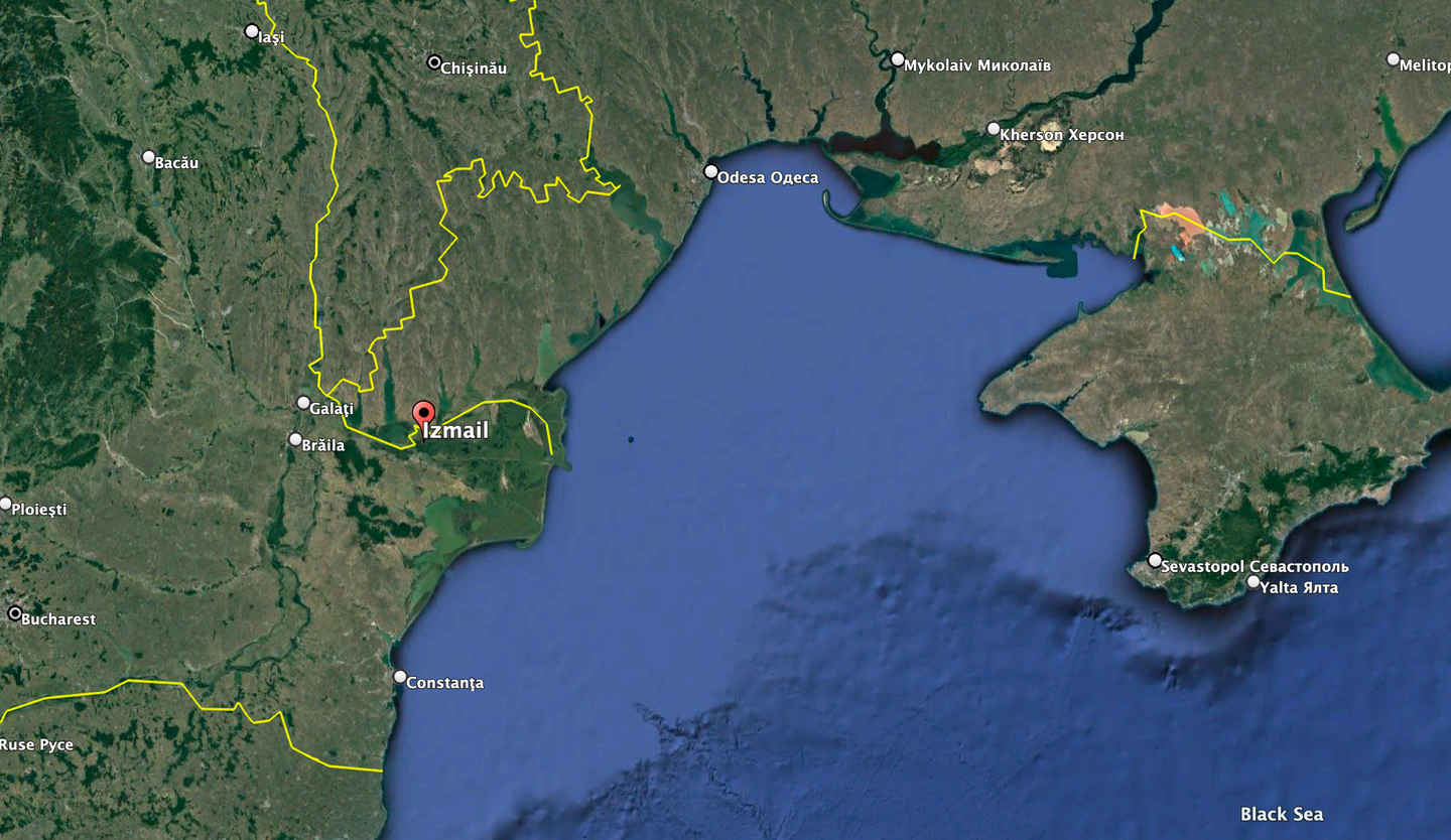 A map of southern Ukraine and the Black Sea, with the location of Izmail. Romania’s Black Sea port of Constanta is further down the coast, while Odesa is located to the north. <em>Google Earth</em>