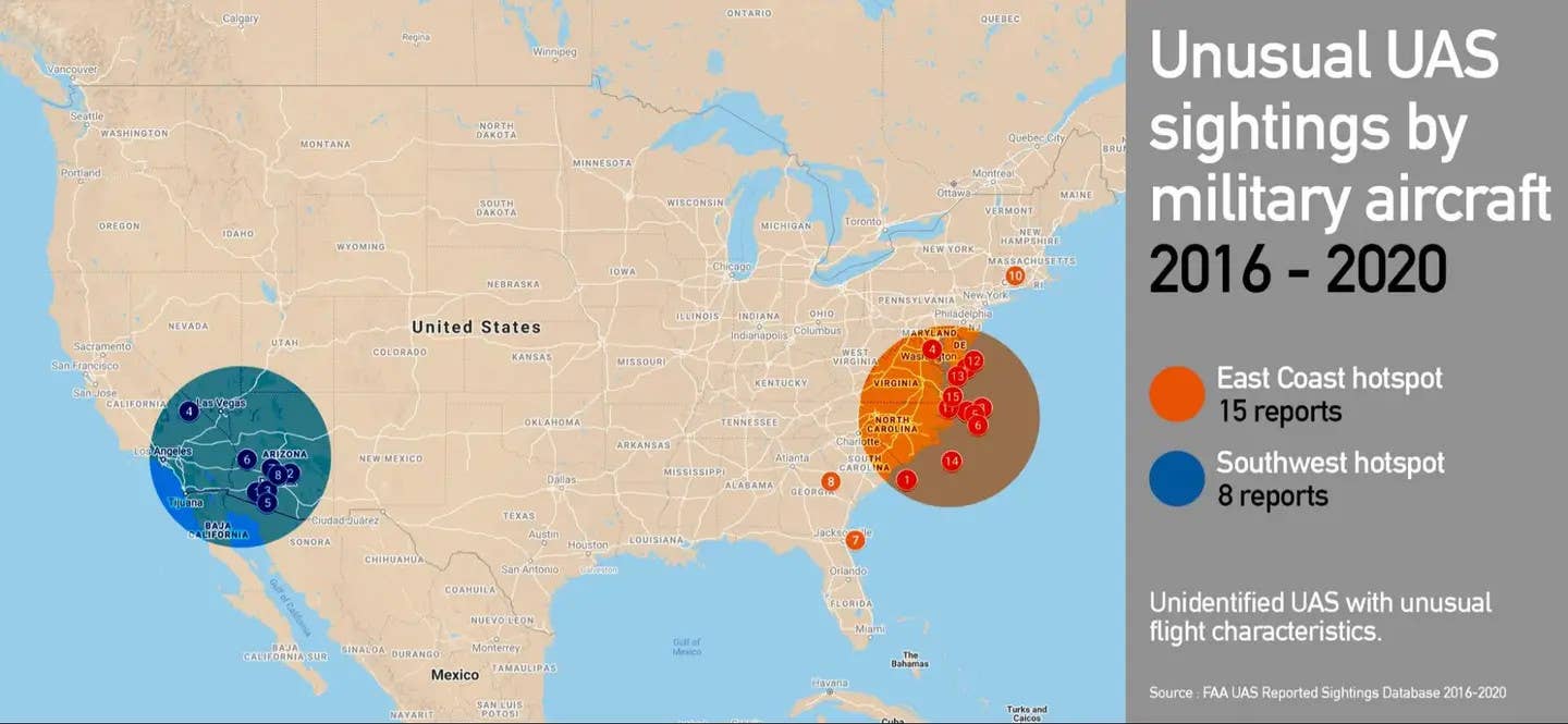 A map showing the approximate locations of clusters of reports made to the FAA between 2016 and 2020 of encounters between military aircraft and unidentified uncrewed aerial systems (UAS) with unusual flight characteristics. <em>Marc Cecotti/Adam Keyhoe/The War Zone</em>